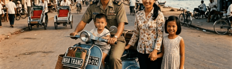 Vietnamese family with children on blue scooter by the beach